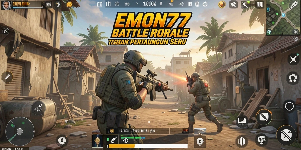 Screenshot gameplay EMON77 menunjukkan pertempuran seru di arena Battle Royale.