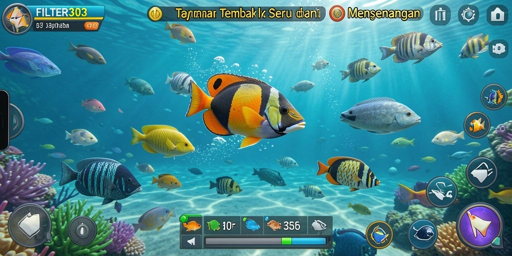 Tangkapan layar gameplay FILTER303 menampilkan setiap tantangan dalam Tembak Ikan.