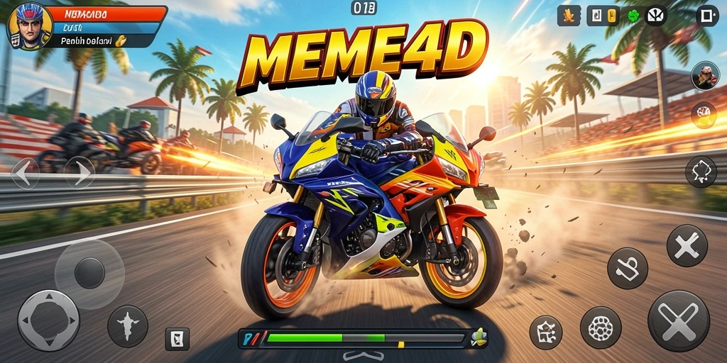 Tampilan aksi balapan motor dalam MEME4D yang mendebarkan.