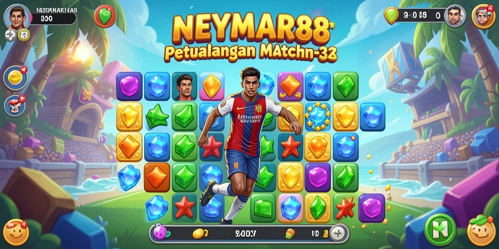 Screenshot gameplay NEYMAR88 menampilkan kombinasi warna yang cerah dan elemen Match-3 yang menantang.